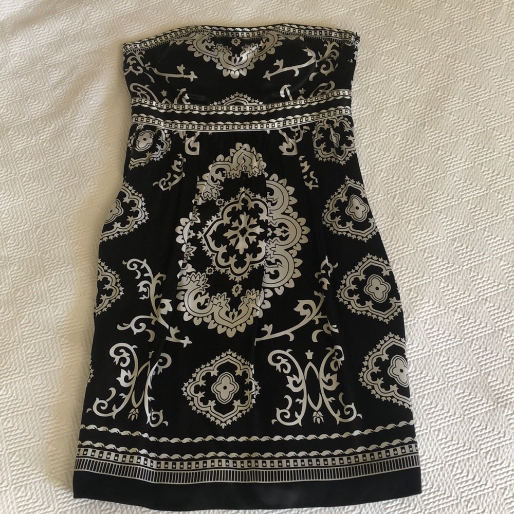 Strapless black and white silk dress
